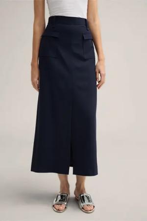 Schurwollstretch-Maxi-Rock mit Schlitz in Navy