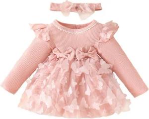 Lapastyle Partykleid Baby-Mädchen Langarm Netzkleid & Stirnband, Einfarbig A-Linien-Kleid (Set, 2-tlg) Partykleid aus Strick mit Schmetterlings-Patch, Baby Freizeit Outfits