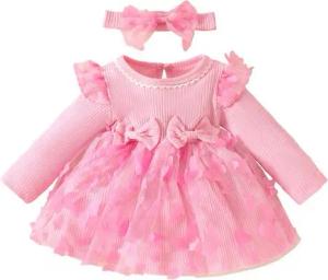 Lapastyle Partykleid Baby-Mädchen Langarm Netzkleid & Stirnband, Einfarbig A-Linien-Kleid (Set, 2-tlg) Partykleid aus Strick mit Schmetterlings-Patch, Baby Freizeit Outfits