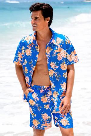Blaues Herren-Strandhemd mit Blumenmuster