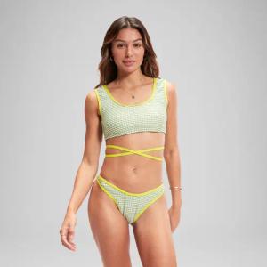 Grünes FLU3NTE Wickel-Cropped-Top mit Vichy-Karos