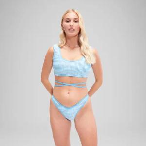 Blaues FLU3NTE Wickel-Cropped-Top mit Vichy-Karos