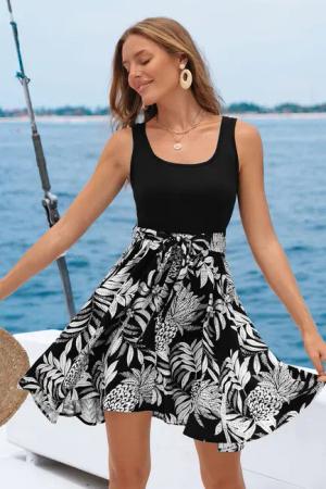 Tropisches Ärmelloses Minikleid mit Taillenband