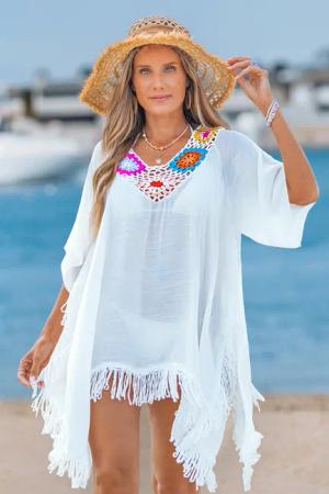 Weißes V-Ausschnitt Halbarm Mini-Strandkleid