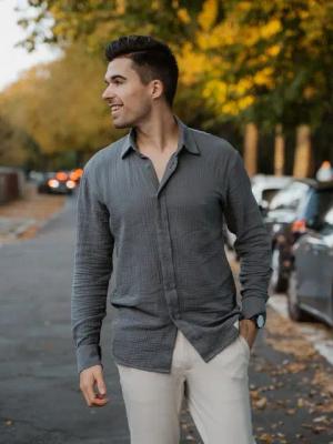 hutch&putch Langarmhemd Musselin Herrenhemd - Business Casual Freizeit - 100% Bio-Baumwolle (1-tlg) Herren Langarmhemd - in liebevoller Arbeit gefertigt