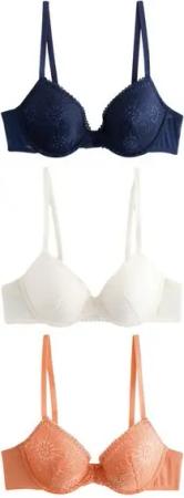 Next Set: Dekolleté-BH 3 x wattierte Spitzen-BHs mit tiefem Ausschnitt (3-tlg)