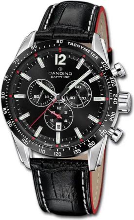 Candino Chronograph Candino Herrenuhr Leder schwarz Candino, (Chronograph), Herrenuhr Lederarmband schwarz, rundes Gehäuse, groß (ca. 45mm)