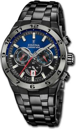 Festina Chronograph Festina Herrenuhr Edelstahl schwarz, (Chronograph), Herrenuhr Edelstahlarmband schwarz, rundes Gehäuse, groß (ca. 44,5mm)