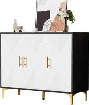 BlingBin Sideboard Esszimmerschrank mit Aufbewahrungsschrank, Kommode Foyerschrank (1er Set, 1 St., goldenen Griffen und goldenen Beinen), mit weiß matt gestreiften Türen, für Schlafzimmer Wohnzimmer Esszimmer