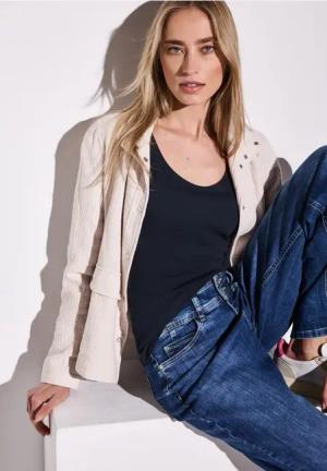Street One Frauen Basic Top in Unifarbe in Blau, Gr: 40