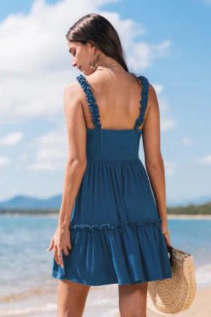 Blaues Ärmelloses V-Ausschnitt Minikleid
