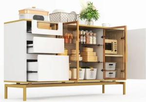 MODFU Sideboard Elegantes Küchenbuffet,Kommode (Luxuriöses Sideboard– Weiß mit Marmoroptik, goldene Akzente,Eleganter Stauraumschrank mit Glastüren & Holzfächern, 150x40x80 cm), mit Glas- und Holzfächern