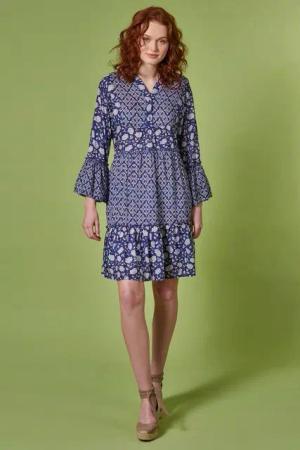 Himalaya Clothing Sommerkleid Kleid Damen aus fließender Viskose - Blumenkleid mit Pufferärmeln Leichtes Tunika Kleid mit floralem Patchwork