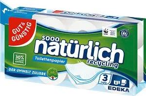 GUT&GÜNSTIG Toilettenpapier natürlich recycling 3-lagig Recyclingpapier, 8 Rollen