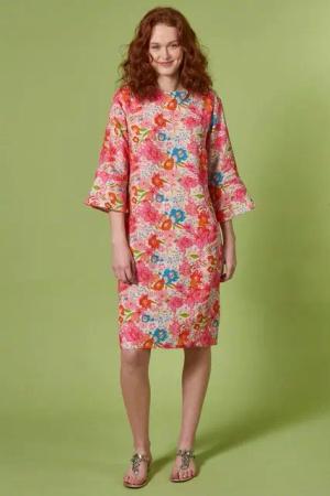 Himalaya Clothing Sommerkleid Kleid Damen mit verspieltem Rosenmuster - Blumenkleid aus Leinen Leichtes Sommerkleid mit Rundhalsausschnitt