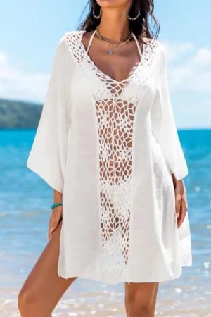Weißes Mini-Strandkleid mit Häkelbesatz