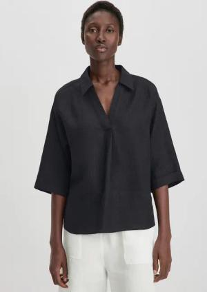 hessnatur Damen Bluse Relaxed aus Leinen - schwarz - Größe 38
