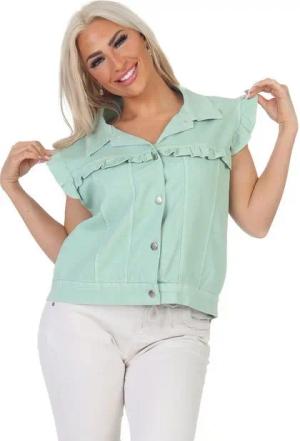 Aurela Damenmode Jeansweste Damen Weste Jeanslook Sommerweste mit Volantärmeln Sommerfarben