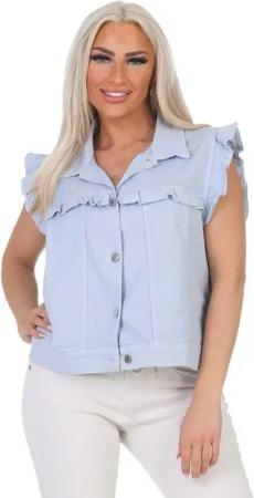 Aurela Damenmode Jeansweste Damen Weste Jeanslook Sommerweste mit Volantärmeln Sommerfarben
