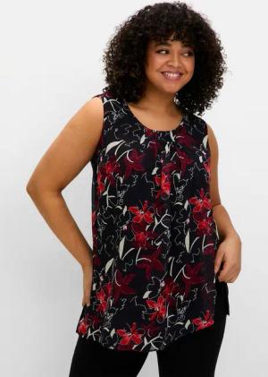 Sheego Doppellagiges Blusentop mit Chiffon, schwarz gemustert, Gr.48