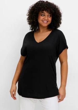 Sheego T-Shirt mit V-Ausschnitt, aus Flammgarn, schwarz, Gr.44/46