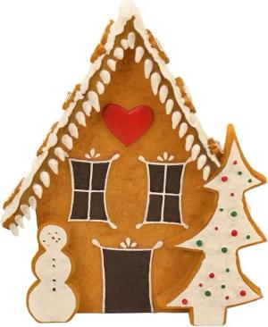 Online-Fuchs Weihnachtsfigur Süßes Lebkuchenhaus als Weihnachtsdeko (Lebkuchenfigur, mit Schneemann und Tannenbaum), für den Innen- und Außenbereich geeignet