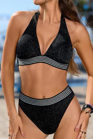 Schwarzes Tiefer Ausschnitt Neckholder-Bikini-Set