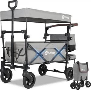 Sekey Bollerwagen 150 kg Faltbarer Bollerwagen mit Dach und 3-Punkt-Sicherheitsgurt, Faltbarer Handwagen Schiebegriff, Transportwagen mit Bremsen
