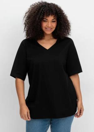 Sheego Jerseyshirt mit V-Ausschnitt, leicht tailliert, schwarz, Gr.54