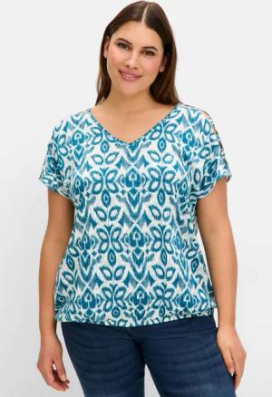 Sheego Ausbrenner-Shirt mit Gummizugbund, dunkelpetrol gemustert, Gr.52/54