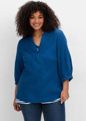 Sheego Tunika mit 3/4-Arm und V-Schlitz, aus Musselin, blaubeere, Gr.48