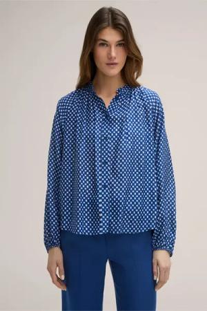 Viskose-Seidenmix-Print-Hemdbluse in Blau-Ecru gemustert