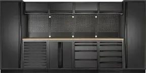 Kraftwerk 6-Element-Schrankwand mit Vierkantlochwand Länge 3920 mm Multiplex-Arbeitsplatte