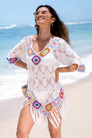 Weißes Halbärmel Strick-Mini-Strandkleid
