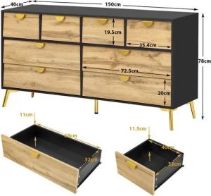 Flieks Kommode mit 8 Schubladen, Schwarz/Holzfarben (1 St., B150/T40/H78 cm), Sideboard mit goldene Metallgriff und Metallbeine Wohnzimmerschrank