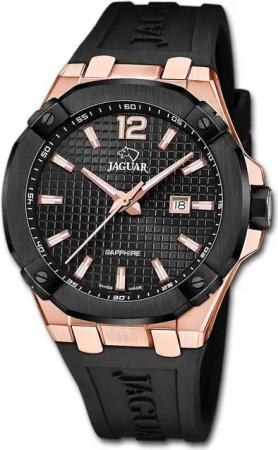 JAGUAR Quarzuhr Jaguar Herren Uhr Silikonarmband, (Analoguhr), Herrenuhr Silikonarmband schwarz, rundes Gehäuse, groß (ca. 44mm)