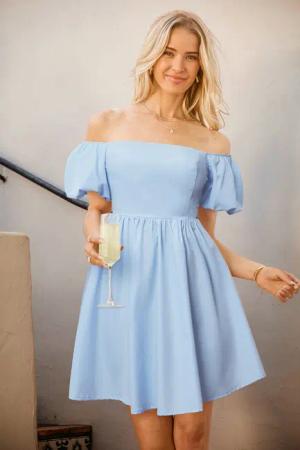 Blaues Minikleid mit Puffärmeln