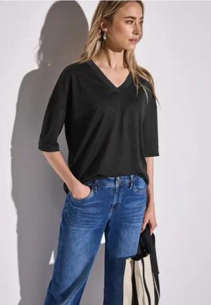 Street One Frauen V-Neck T-Shirt in Schwarz, Gr: 40