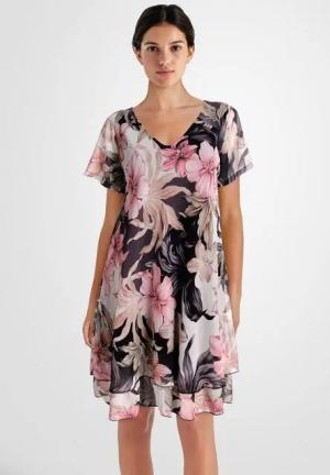 PEKIVESSA Sommerkleid Geblümtes Georgette-Kleid mit Volants