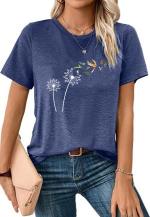 PYL T-Shirt Damen Sommer Kurzarmbluse Locker Löwenzahn Print-Shirt