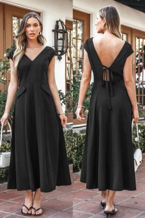Schwarzes Ärmelloses V-Ausschnitt Maxikleid