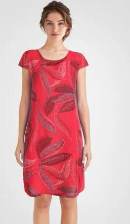 PEKIVESSA Sommerkleid Leinenkleid knielang kurzarm mit Blattmuster