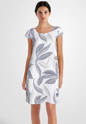 PEKIVESSA Sommerkleid Leinenkleid knielang kurzarm mit Blattmuster