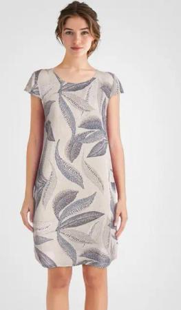 PEKIVESSA Sommerkleid Leinenkleid knielang kurzarm mit Blattmuster