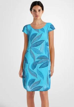 PEKIVESSA Sommerkleid Leinenkleid knielang kurzarm mit Blattmuster