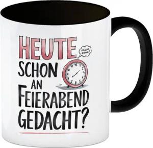 speecheese Tasse Heute an Feierabend gedacht Kaffeebecher in schwarz Wecker im Kopf