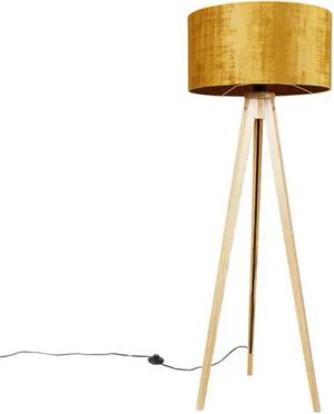 Qazqa Stehlampe Tripod_classic, ohne Leuchtmittel, E27, Gold/Messing, Modern, Textil, 1-flammig