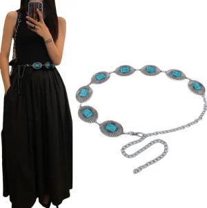 YRIIOMO Kettengürtel Elegante Metallkette mit türkisfarbenen Akzenten und quadratischem (Texturdesign – Perfektes Accessoire für stilvolle Outfits und, vielseitige Anlässe)