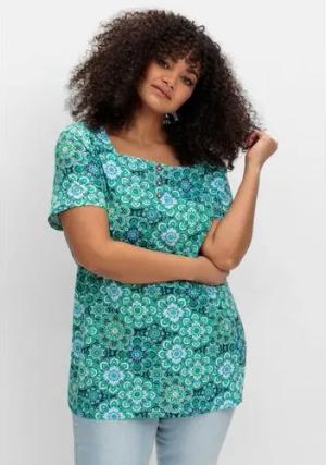 Jerseyshirt mit Blumendruck und Karreeausschnitt, aqua gemustert, Gr.48