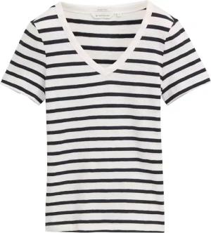TOM TAILOR Damen T-Shirt mit V-Ausschnitt, weiß, Gestreift, Gr. XS